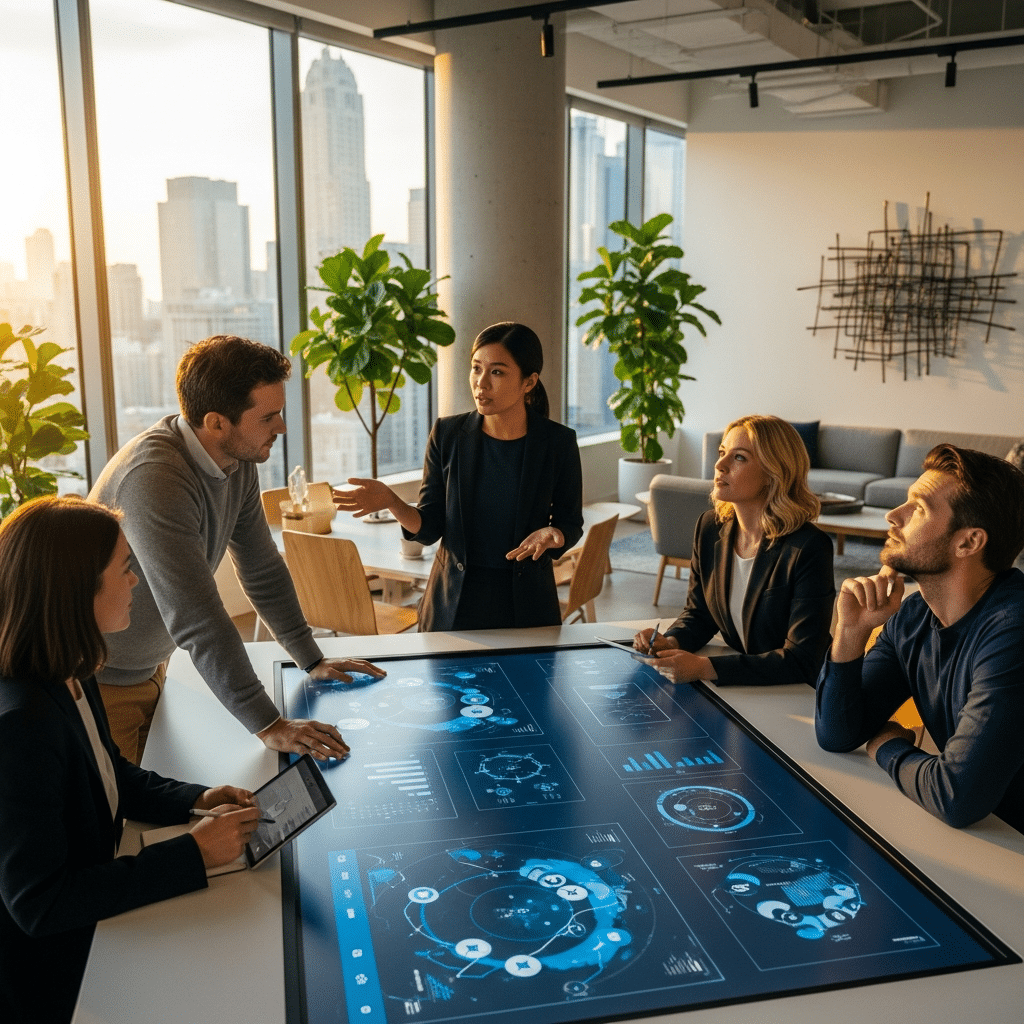 Organizational design consultant reviewing AI CX metrics on dashboard to improve customer satisfaction and efficiency