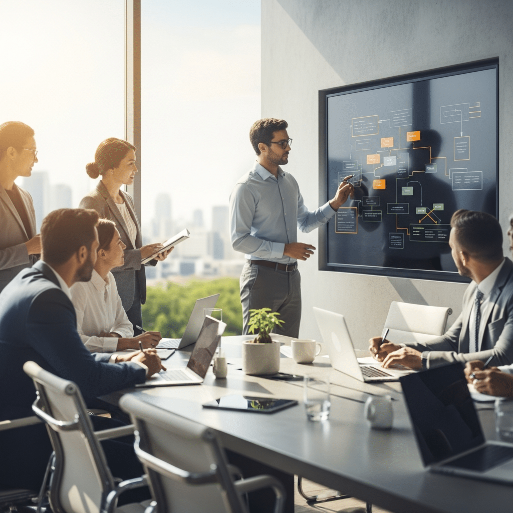 Leader reviewing AI ROI dashboard in contact center, change management consulting services guide adoption and savings