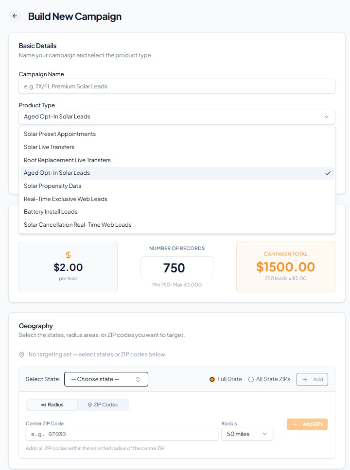 Create your own campaign on InventionX. From presets to transfers to solar leads for your call center