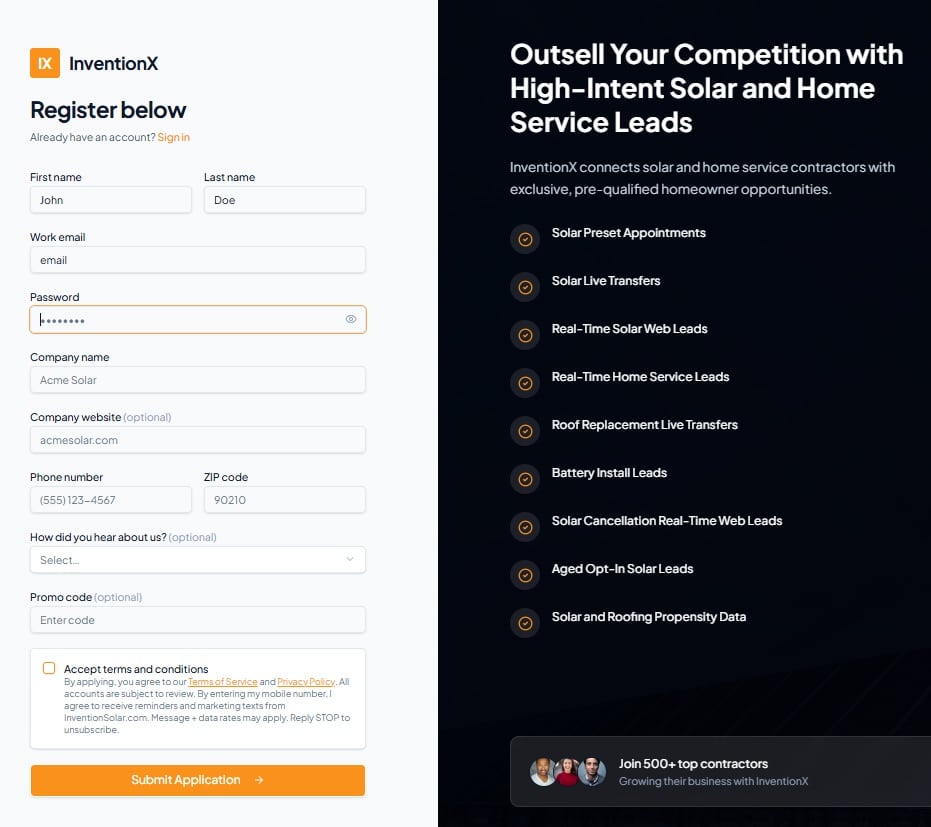 InventionX platform dashboard for ordering solar leads, preset appointments, live transfers, opt-in solar leads and homeowner data.